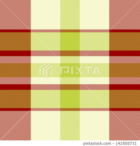 Warp plaid tartan background, brazil seamless check fabric. Idyllic vector pattern textile texture in light goldenrod yellow and red colors. Warp plaid tartan background, brazil seamless check fabric. Idyllic vector pattern textile texture in light goldenrod yellow and red colors. 142808731