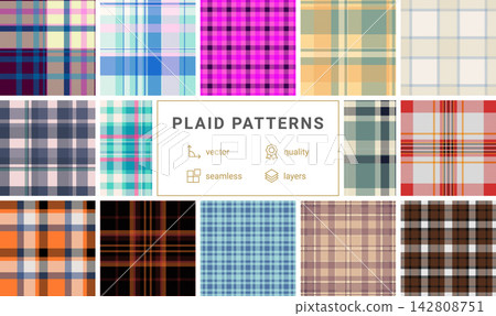Plaid pattern set created for online portfolios. Seamless tartan backgrounds enhance creative presentation. 142808751