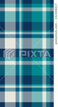 Foot background textile vector, asymmetric pattern plaid check. 2026 tartan seamless texture fabric in cyan and blue colors. Foot background textile vector, asymmetric pattern plaid check. 2026 tartan seamless texture fabric in cyan and blue colors. 142808817