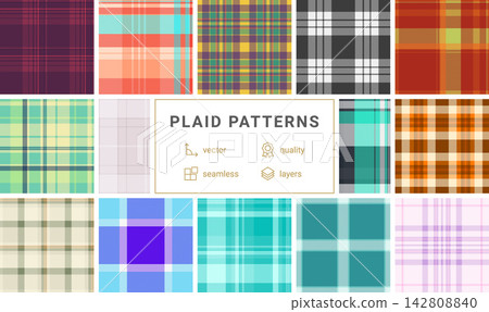 Plaid pattern collection for digital textile products. Works for mockups, downloadable patterns, and DIY projects. Vector adaptability ensures compatibility. Plaid pattern collection for digital textile products. Works for mockups, downloadable patterns, and DIY projects. Vector adaptability ensures compatibility. 142808840