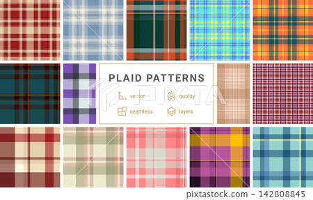 Seasonal plaid pattern set inspired by sunny vacations. Suitable for dresses, casual shirts, tote bags, and table decorations. Seamless vectors maintain consistency. Seasonal plaid pattern set inspired by sunny vacations. Suitable for dresses, casual shirts, tote bags, and table decorations. Seamless vectors maintain consistency. 142808845