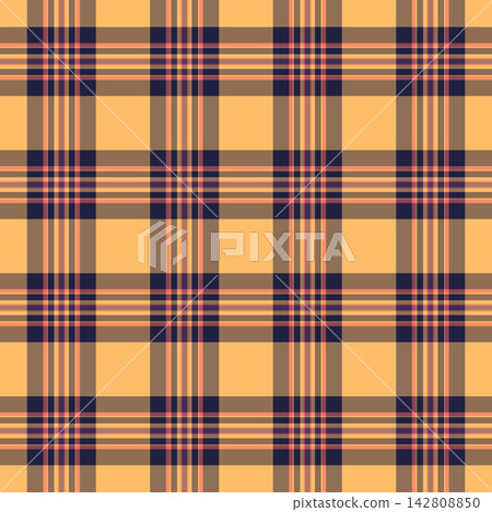 1950s vector check texture, cross plaid textile pattern. Multicolored seamless fabric background tartan in orange and red colors. 1950s vector check texture, cross plaid textile pattern. Multicolored seamless fabric background tartan in orange and red colors. 142808850