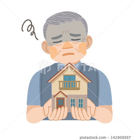 An illustration of an elderly man who regrets owning a detached house. An illustration of an elderly man who regrets owning a detached house. 142808887