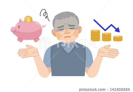 An illustration of an elderly man whose savings have decreased. An illustration of an elderly man whose savings have decreased. 142808889