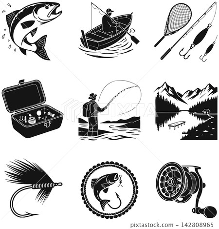 This is a set of black-and-white vector icons themed around various aspects of fishing and the fishing industry This is a set of black-and-white vector icons themed around various aspects of fishing and the fishing industry 142808965