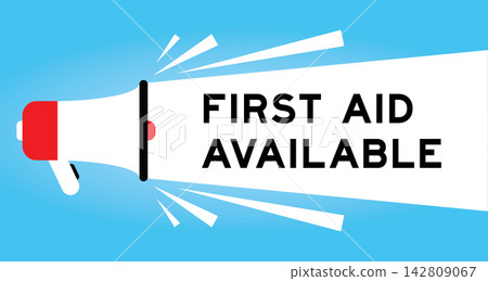 Color megaphone icon with word first aid available in white banner on blue background Color megaphone icon with word first aid available in white banner on blue background 142809067