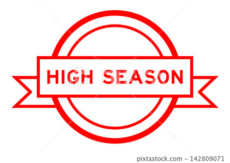 Vintage red color round label banner with word high season on white background Vintage red color round label banner with word high season on white background 142809071