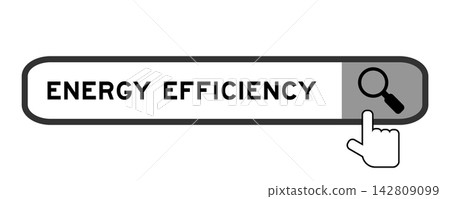 Search banner in word energy efficiency with hand over magnifier icon on white background 142809099