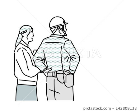 Illustration of a construction site featuring a male and female worker wearing helmets and work clothes, facing away from the viewer. Illustration of a construction site featuring a male and female worker wearing helmets and work clothes, facing away from the viewer. 142809138