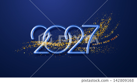 Happy New Year 2027 Greeting Card With Blue Metallic Numbers And Gold Dust Waves Happy New Year 2027 Greeting Card With Blue Metallic Numbers And Gold Dust Waves 142809168