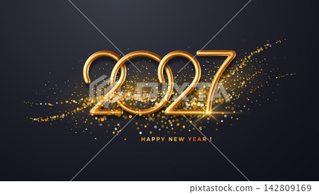 Happy New Year 2027 Greeting Card With Golden Metallic Numbers And Gold Dust Waves 142809169