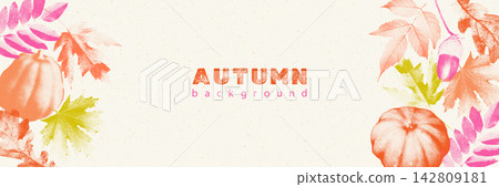 Autumn background with halftone stipple leaves and pumpkins. Abstract retro horizontal backdrop with sandy grunge photocopy effect. Seasonal collage playful frame template vector illustration isolated Autumn background with halftone stipple leaves and pumpkins. Abstract retro horizontal backdrop with sandy grunge photocopy effect. Seasonal collage playful frame template vector illustration isolated 142809181