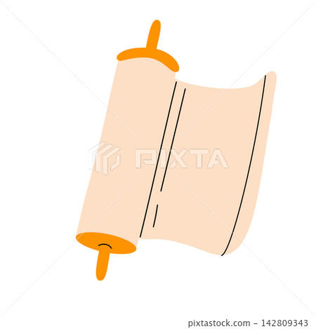 Ancient paper scroll isolated on white background. Open parchment roll icon with wooden handles. Ancient paper scroll isolated on white background. Open parchment roll icon with wooden handles. 142809343