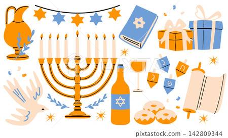 Happy Hanukkah traditional decoration set isolated on white background. Judaism holiday elements with menorah, torah, dreidel, candle, gift, and sufganiyot. 142809344