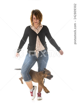 staffordshire bull terrier and woman staffordshire bull terrier and woman 142809382