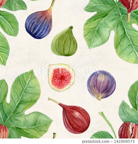 Figs and fig leaves watercolor seamless pattern. Hand-painted botanical illustration isolated on beige. Perfect for food packaging, kitchen prints, cards, invitations, organic branding, natural design Figs and fig leaves watercolor seamless pattern. Hand-painted botanical illustration isolated on beige. Perfect for food packaging, kitchen prints, cards, invitations, organic branding, natural design 142809573