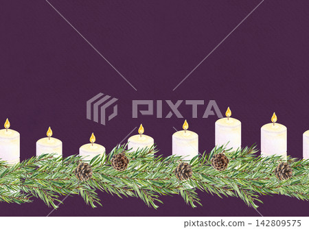 Pine branches garland with candles, cones, ornaments, glowing lights. Watercolor seamless border on purple background ideal for Christmas cards, posters, Advent, scrapbooking, festive decorations Pine branches garland with candles, cones, ornaments, glowing lights. Watercolor seamless border on purple background ideal for Christmas cards, posters, Advent, scrapbooking, festive decorations 142809575
