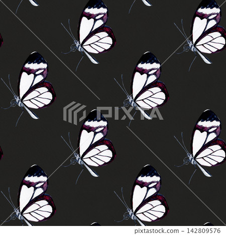 Elegant butterfly with transparent wings, black and violet details. Hand-painted watercolor seamless pattern on gray background. Perfect for nature designs, stationery, patterns, botanical projects Elegant butterfly with transparent wings, black and violet details. Hand-painted watercolor seamless pattern on gray background. Perfect for nature designs, stationery, patterns, botanical projects 142809576