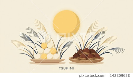 Tsukimi festival flat vector illustration with dango and chestnuts 142809628