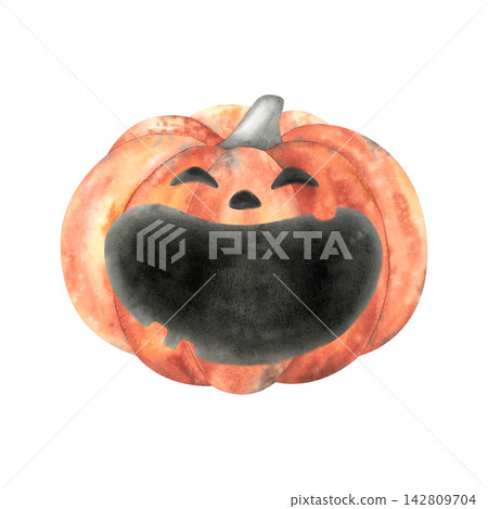 A cute watercolor orange pumpkin with a carved face. Spooky Halloween jack-o'-lantern decor with space for text. Hand-drawn jack-o'-lantern. Autumn vegetable harvest. For Halloween party invitations A cute watercolor orange pumpkin with a carved face. Spooky Halloween jack-o'-lantern decor with space for text. Hand-drawn jack-o'-lantern. Autumn vegetable harvest. For Halloween party invitations 142809704