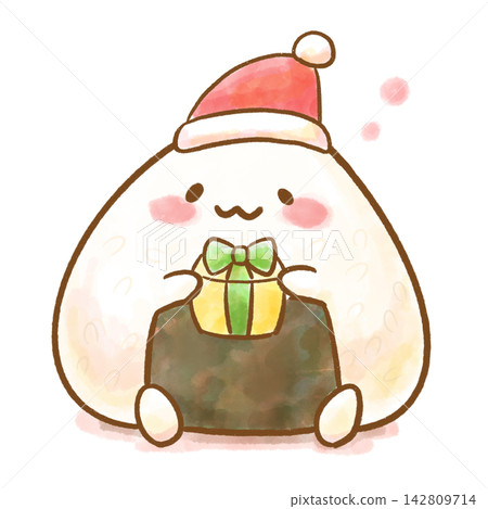 一幅水彩插畫，描繪了一個戴著聖誕帽、手捧聖誕禮物的飯糰形象。 142809714