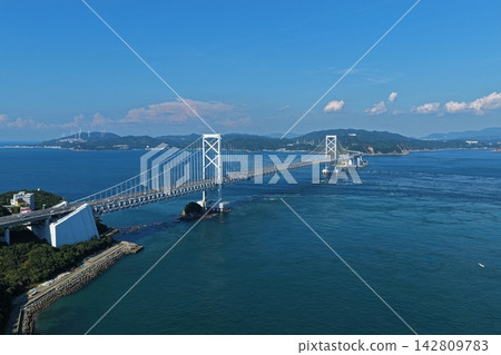 Aerial photograph of the Naruto Strait and the bridge as seen from Naruto City, Tokushima Prefecture. Aerial photograph of the Naruto Strait and the bridge as seen from Naruto City, Tokushima Prefecture. 142809783