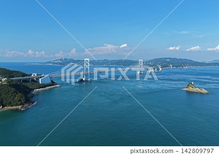 An aerial photograph capturing the Naruto Strait and suspension bridge in Naruto City, Tokushima Prefecture. An aerial photograph capturing the Naruto Strait and suspension bridge in Naruto City, Tokushima Prefecture. 142809797