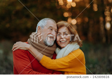 Portrait of senior couple in autumn nature. Portrait of senior couple in autumn nature. 142809816