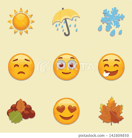 Emotive weather-themed emoji icons depicting seasonal moods with autumn leaves and summer sun Emotive weather-themed emoji icons depicting seasonal moods with autumn leaves and summer sun 142809850
