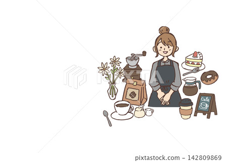 手繪插圖,描繪了一位女咖啡師、咖啡和甜點 | 咖啡師菜單杯咖啡磨坊 手繪插圖,描繪了一位女咖啡師、咖啡和甜點 | 咖啡師菜單杯咖啡磨坊 142809869