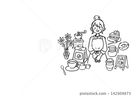 手繪線條畫，描繪了一位咖啡館員工、咖啡和甜點 | 女人、蛋糕、杯子、磨坊、花朵 142809873