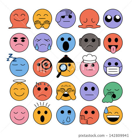 This image features a collection of colorful cartoon faces and emotion icons depicting various facial expressions 142809941