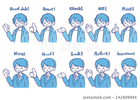 A hand-drawn set of smiling men and women's hand signs and gestures: thumbs up, OK, pointing finger, victory pose. 142809944