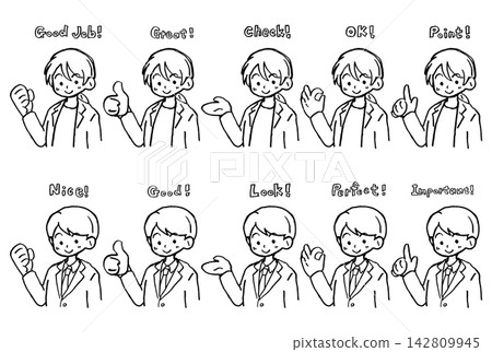 Hand-drawn line art set of male and female hand signs and gestures | Good, OK, Pointing, Victory, Businessman Hand-drawn line art set of male and female hand signs and gestures | Good, OK, Pointing, Victory, Businessman 142809945