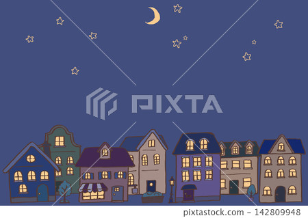 一幅手繪的歐式夜景插圖,畫面中有彎月和繁星 | 房屋、建築、路燈、星空、窗光 一幅手繪的歐式夜景插圖,畫面中有彎月和繁星 | 房屋、建築、路燈、星空、窗光 142809948
