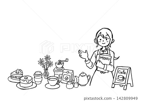 手繪線條畫,描繪了一位咖啡館員工、咖啡和甜點 | 女人、蛋糕、杯子、磨坊、花朵 手繪線條畫,描繪了一位咖啡館員工、咖啡和甜點 | 女人、蛋糕、杯子、磨坊、花朵 142809949