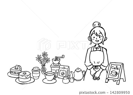 Hand-drawn line art of a cafe employee, coffee, and sweets | Woman, cake, cup, mill, flower Hand-drawn line art of a cafe employee, coffee, and sweets | Woman, cake, cup, mill, flower 142809950