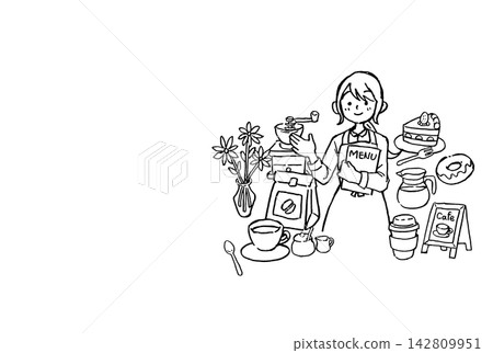 手繪線條畫,描繪了一位咖啡館員工、咖啡和甜點 | 女人、蛋糕、杯子、磨坊、花朵 手繪線條畫,描繪了一位咖啡館員工、咖啡和甜點 | 女人、蛋糕、杯子、磨坊、花朵 142809951