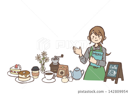 手繪咖啡館工作人員與咖啡/甜點插圖 | 女人、蛋糕、杯子、磨粉機、花朵 手繪咖啡館工作人員與咖啡/甜點插圖 | 女人、蛋糕、杯子、磨粉機、花朵 142809954