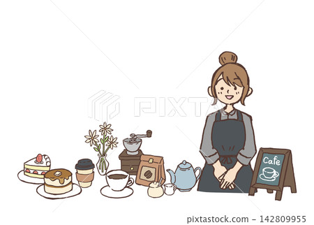 手繪咖啡館工作人員與咖啡/甜點插圖 | 女人、蛋糕、杯子、磨粉機、花朵 142809955