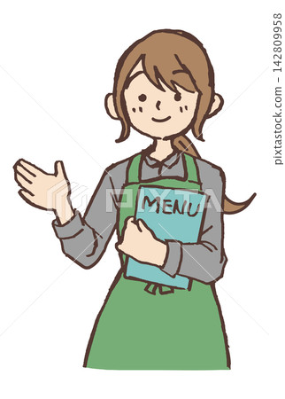 Hand-drawn illustration of a female cafe employee holding a menu and guiding customers | Apron, Female Employee, Customer Service 142809958