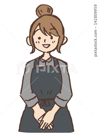 A hand-drawn illustration of a female cafe employee smiling and greeting customers politely | Apron, Female Employee, Customer Service 142809959
