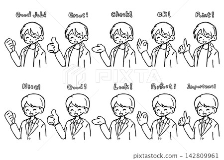 A set of hand-drawn line art of smiling men and women making hand signs and gestures: Thumbs up, OK, Pointing finger, Victory pose. A set of hand-drawn line art of smiling men and women making hand signs and gestures: Thumbs up, OK, Pointing finger, Victory pose. 142809961