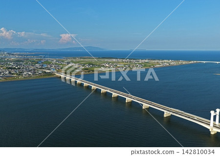 An aerial photograph capturing the long suspension bridge and the sea in Tokushima City, Tokushima Prefecture. An aerial photograph capturing the long suspension bridge and the sea in Tokushima City, Tokushima Prefecture. 142810034