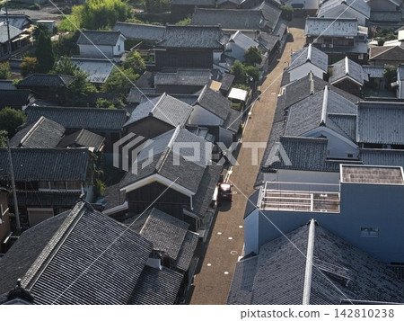 An aerial photograph showing the Udatsu townscape of Mima City, Tokushima Prefecture, viewed from an oblique angle. An aerial photograph showing the Udatsu townscape of Mima City, Tokushima Prefecture, viewed from an oblique angle. 142810238