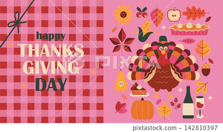 Thanksgiving bright banner with turkey in pilgrim hat, pumpkin, pie, leaves, wine and pink plaid blanket. Autumn harvest sales,Thanksgiving bounty. For promo, web, cards, flyers, posters, ad. Vector Thanksgiving bright banner with turkey in pilgrim hat, pumpkin, pie, leaves, wine and pink plaid blanket. Autumn harvest sales,Thanksgiving bounty. For promo, web, cards, flyers, posters, ad. Vector 142810397