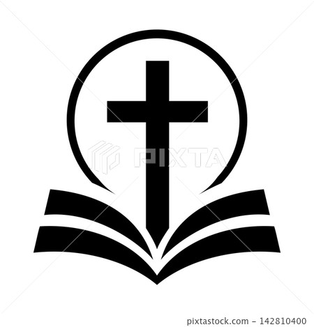 Black Christian symbol with cross open Bible and circular arch representing faith scripture and worship. Black Christian symbol with cross open Bible and circular arch representing faith scripture and worship. 142810400