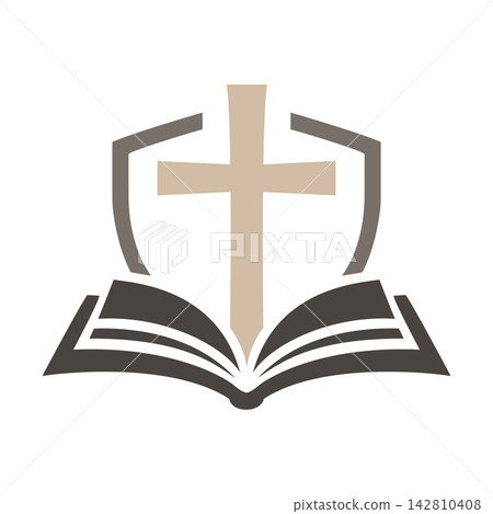 Christian Cross Shield and Open Bible Symbol Vector 142810408