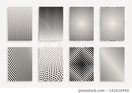 Collection of monochrome halftone abstract geometric covers, templates, placards, brochures, banners, backgrounds and etc. Minimalistic striped and dotted gradient modern posters Collection of monochrome halftone abstract geometric covers, templates, placards, brochures, banners, backgrounds and etc. Minimalistic striped and dotted gradient modern posters 142810440