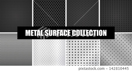 Metal surface collection featuring perforated steel panels, geometric hole patterns, textured industrial backgrounds and monochrome metal sheets for modern design and constructions Metal surface collection featuring perforated steel panels, geometric hole patterns, textured industrial backgrounds and monochrome metal sheets for modern design and constructions 142810445
